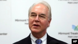 FILE - Health and Human Services Secretary Tom Price speaks at the Mirmont Treatment Center in Media, Pa., Sept. 15, 2017. Federal investigators say they are reviewing Health and Human Services Secretary Tom Price’s recent use of costly charter flights on official business to see if it complied with government travel regulations.