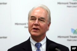 FILE - Health and Human Services Secretary Tom Price speaks at the Mirmont Treatment Center in Media, Pennslyvania, Sept. 15, 2017.
