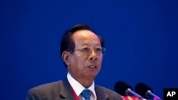 FILE - Cambodia's Defense Minister Tea Banh speaks at the Xiangshan Forum, a gathering of the region's security officials, in Beijing, Saturday, Oct. 17, 2015.