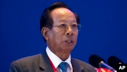 Cambodia's Defense Minister Tea Banh speaks at the Xiangshan Forum, a gathering of the region's security officials, in Beijing, Oct. 17, 2015.