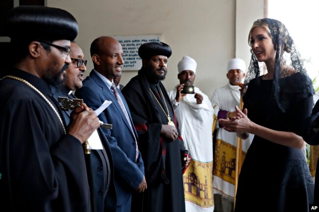 White House senior adviser Ivanka Trump, right, arrives for a ceremony at Holy Trinity Cathedral honoring the victims of the Ethiopian Airlines crash, Monday April 15, 2019, in Addis Ababa, Ethiopia.