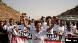 Des partisans de Merera Gudina, président du Congrès fédéraliste oromo après sa sortie de prison Addis Abeba, Ethiopie, le 17 janvier 2018