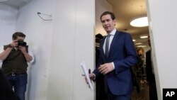 Sebastian Kurz head of the Austrian People's Party, OEVP, arrives for a press conference about the beginning of the coalition negotiations with the Austrian Greens in Vienna, Austria, Nov. 11, 2019.