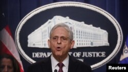 El secretario de Justicia de EEUU, Merrick Garland, anuncia acciones contra el narcotrafico en una conferencia de prens en el Departamento de Justicia el 14 de abril de 2023.