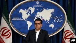 Juru bicara Kementerian Luar Negeri Iran Abbas Mousavi berbicara dalam konferensi pers di Tehran, Iran, pada Mei 2019. 