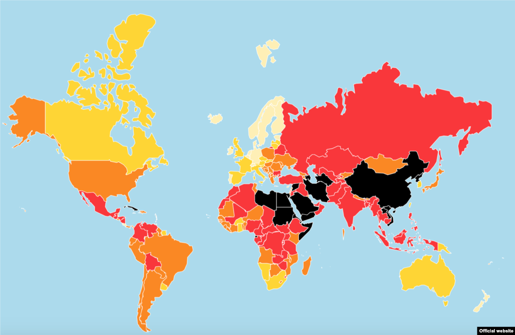 این نقشه گزارشگران بدون مرز از وضعیت آزادی بیان در دنیا است. ایران، عربستان و چند کشور دیگر وضعیت شان با رنگ سیاه نشان داده شده است.&nbsp;
