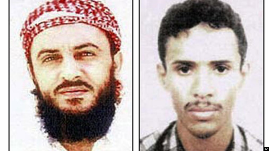 Jamal Ahmed Mohammed Ali al-Badawi (kiri) dan Fahd Al-Quso dicari atas tuduhan serangan atas kapal USS Cole yang menewaskan 17 tentara AS tahun 2000 (Foto: dok). Quso diberitakan telah tewas dalam serangan udara AS di Yaman, Minggu (6/5).