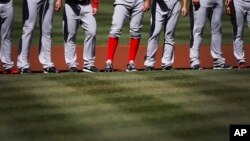 Los Medias Rojas se alinean durante la ceremonia inaugural de la temporada 2014 de las Grandes Ligas.