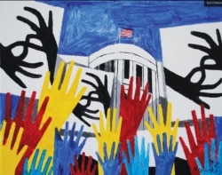 Nancy Rourke painted a piece to express the frustration of the deaf community at the White House for not having ASL interpreters at COVID-19 briefings in the past. (Courtesy photo)