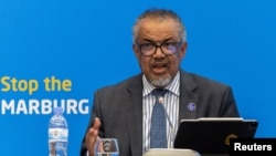 FILE - World Health Organization Director-General Tedros Adhanom Ghebreyesus addresses a press conference on the Marburg virus outbreak at the Kigali Convention Center in Kigali, Rwanda, Oct. 20, 2024.