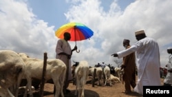 FILE - Men are seen at a livestock market, amid the spread of the coronavirus disease (COVID-19), in Abuja, Nigeria, July 29, 2020. 