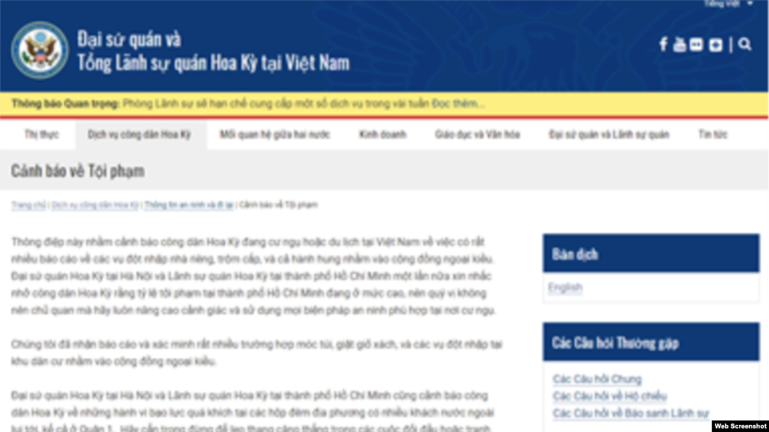 Cảnh báo an ninh của Đại sứ quán Hoa Kỳ tại Hà Nội (Ảnh chụp từ trang web của Tòa đại sứ)