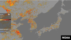 미국 국립해양대기청(NOAA)이 지난달 22일부터 28일 사이 위성사진을 토대로 분석한 한반도 주변 가뭄 지수(Drought index) 분포도. 가뭄의 정도에 따라 '중간'과 '높음', '심각' 수준을 뜻하는 노란색, 빨간색, 검붉은색 점이 북한 중부 지대에 집중적으로 나타난다.