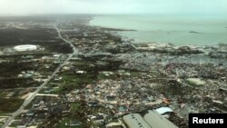 An aerial view shows devastation after hurricane Dorian hit the Abaco Islands in the Bahamas, Sept. 3, 2019. 
