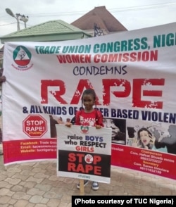 FILE - A young girl joins in an undated anti-rape demonstration organized by the Women Commission of the Trade Union Congress, Nigeria.