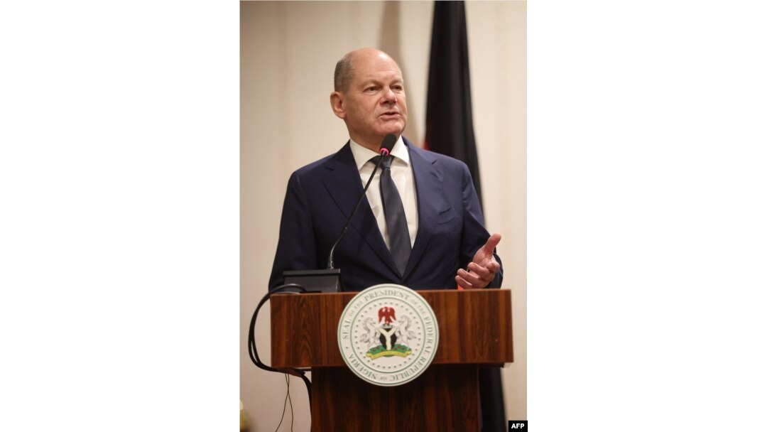FILE - German Chancellor Olaf Scholz answers questions from the audience after a bilateral meeting with Nigeria’s President in Abuja on October 29, 2023.