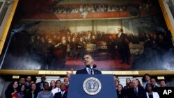 President Barack Obama speaks about the federal health care law, at historic Faneuil Hall in Boston, Oct. 30, 2013.