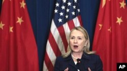 U.S. Secretary of State Hillary Rodham Clinton speaks during a press conference after the U.S. - China Strategic and Economic Dialogue in Beijing Friday, May 4, 2012. (AP Photo/Alexander F. Yuan)