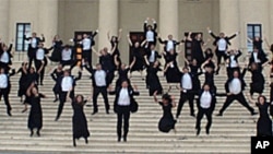 The Yale Glee Club, seen here leaping on the steps of the main concert hall in the Dominican Republic, is celebrating its 150th anniversary.