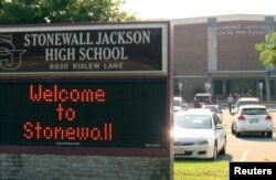 Stonewall Jackson High School is pictured in this still image from video, in Manassas, Virginia, Aug. 17, 2017.