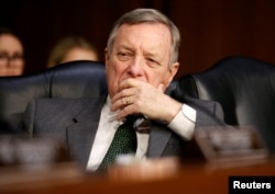 FILE - Senator Dick Durbin (D-IL) listens to testimony to the Senate Judiciary Committee on Capitol Hill in Washington, March 14, 2018.