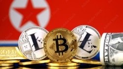 북한 국기와 비트코인 등 가상화폐, 그리고 달러가 함께 표현된 일러스트레이션 (자료=Adobe stock)
