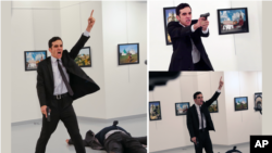 The immediate aftermath of the Dec. 19, 2016, shooting of Andrei Karlov, the Russian Ambassador to Turkey, is shown in this composite photo.