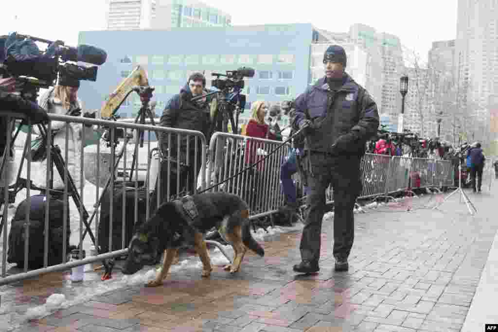 A police dog sniffs near news cameras outside the U.S. Courthouse during the first day of the Dzhokhar Tsarnaev trial, in Boston, Massachusetts, March 4, 2015.