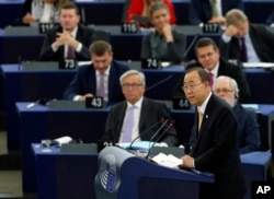 U.N. Secretary General Ban Ki-moon addresses lawmakers of the European Parliament in Strasbourg, France, ahead of the body's vote on the Paris climate agreement, Oct. 4, 2016.