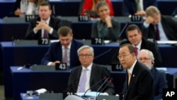 U.N. Secretary General Ban Ki-moon addresses lawmakers of the European Parliament in Strasbourg, France, ahead of the body's vote on the Paris climate agreement, Oct. 4, 2016.