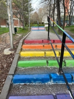 Steps painted with LGBT-themed colors are seen on the campus of Middle East Technical University in Ankara, Turkey. (Salim Fayeq/VOA)