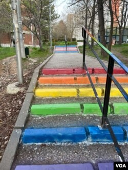 Steps painted with LGBT-themed colors are seen on the campus of Middle East Technical University in Ankara, Turkey. (Salim Fayeq/VOA)