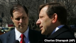 Defense attorneys Eliot Lauer, right, and Jacques Semmelman, left, representing convicted Israeli spy Jonathan Pollard speak to reporters outside the U.S. Courthouse Tuesday, March 15, 2005 in Washington. (AP Photo/Charles Dharapak)