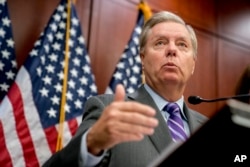 FILE - Sen. Lindsey Graham, R-S.C., speaks during a news conference on Capitol Hill, Dec. 6, 2017, in Washington.
