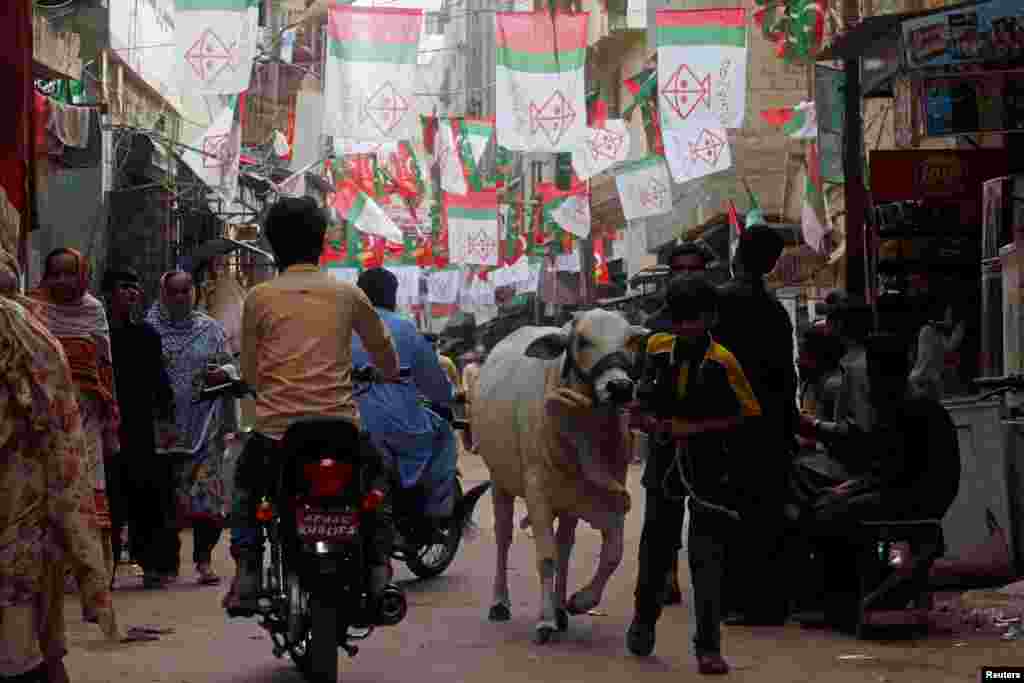 کراچی کے علاقے لیاری کی ایک گلی سیاسی جماعتوں کے جھنڈوں سے سجی ہوئی ہے۔