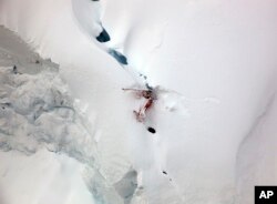 This photo released by the National Park Service shows the wreckage of a sightseeing plane that crashed Aug. 4, 2018, with pilot Craig Layson and four passengers from Poland onboard in Denali National Park and Preserve in Alaska. The National Park Service has ended attempts to recover bodies and wreckage of the small airplane on a near-vertical mountain within Alaska's Denali National Park.