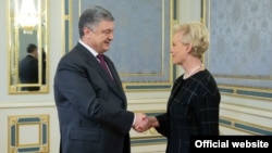 FILE - Ukrainian President Petro Poroshenko greets Cindy McCain at the Presidential Palace in Kyiv, Ukraine, April 1, 2019. 