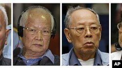 Four top surviving leaders of the Khmer Rouge regime from left to right: Nuon Chea, the group's ideologist; former head of state and public face of the regime, Khieu Samphan, former Foreign Minister Ieng Sary; and his wife Ieng Thirith, ex-minister for so