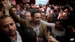 FILE - Spain's far-right Vox Party President Santiago Abascal arrives at a party rally in Murcia, Spain, Nov. 14, 2018.