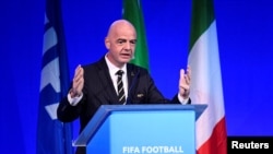 FIFA President Gianni Infantino speaks during the FIFA Football Conference in Milan, Italy, Sept. 22, 2019.