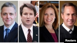 FILE - Federal appeals court judges, from left: Raymond Kethledge, Brett Kavanaugh, Amy Coney Barrett, and Thomas Hardiman, being considered by President Donald Trump for the U.S. Supreme Court, are seen in this combination photo from files. 