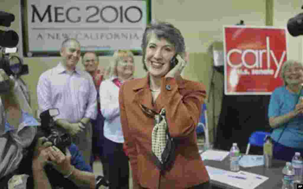 Republican U.S. Senate candidate Carly Fiorina calls supporters at a phone bank in Pasadena, Calif., Monday, Nov. 1, 2010. Fiorina is running against U.S. Sen. Barbara Boxer (D-Calif.). (AP Photo/Damian Dovarganes)