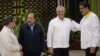 El presidente de Venezuela, Nicolás Maduro, y el presidente de Cuba, Miguel Díaz-Canel, reaccionan cuando el presidente de Nicaragua, Daniel Ortega, habla con el ministro de Relaciones Exteriores de Cuba, Bruno Rodríguez (derecha). Foto de archivo.