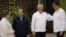 El presidente de Venezuela, Nicolás Maduro, y el presidente de Cuba, Miguel Díaz-Canel, reaccionan cuando el presidente de Nicaragua, Daniel Ortega, habla con el ministro de Relaciones Exteriores de Cuba, Bruno Rodríguez (derecha). Foto de archivo.