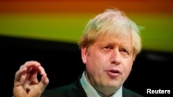 Britain's Prime Minister Boris Johnson speaks during the Convention of the North at the Magna Centre in Rotherham, England, Sept. 13, 2019. 