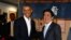 Presiden AS Barack Obama disambut oleh PM Jepang Abe di Restoran Sukiyabashi Jiro di Tokyo (23/4).