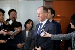 David Stilwell, U.S. assistant secretary for East Asian and Pacific Affairs, answers reporters' questions after a meeting with his South Korean counterpart Cho Sei-young at the Foreign Ministry in Seoul, South Korea, Nov. 6, 2019.