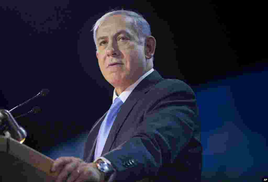 Benyamin Netanyaxu Isroilga moyil siyosiy guruhlar oldida so&#39;zlayapti.