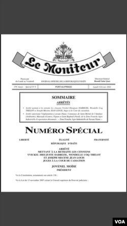 The presidential decree announced in Haiti's government newsletter announcing the retirement of three Supreme Court Justices, Feb. 8, 2021.