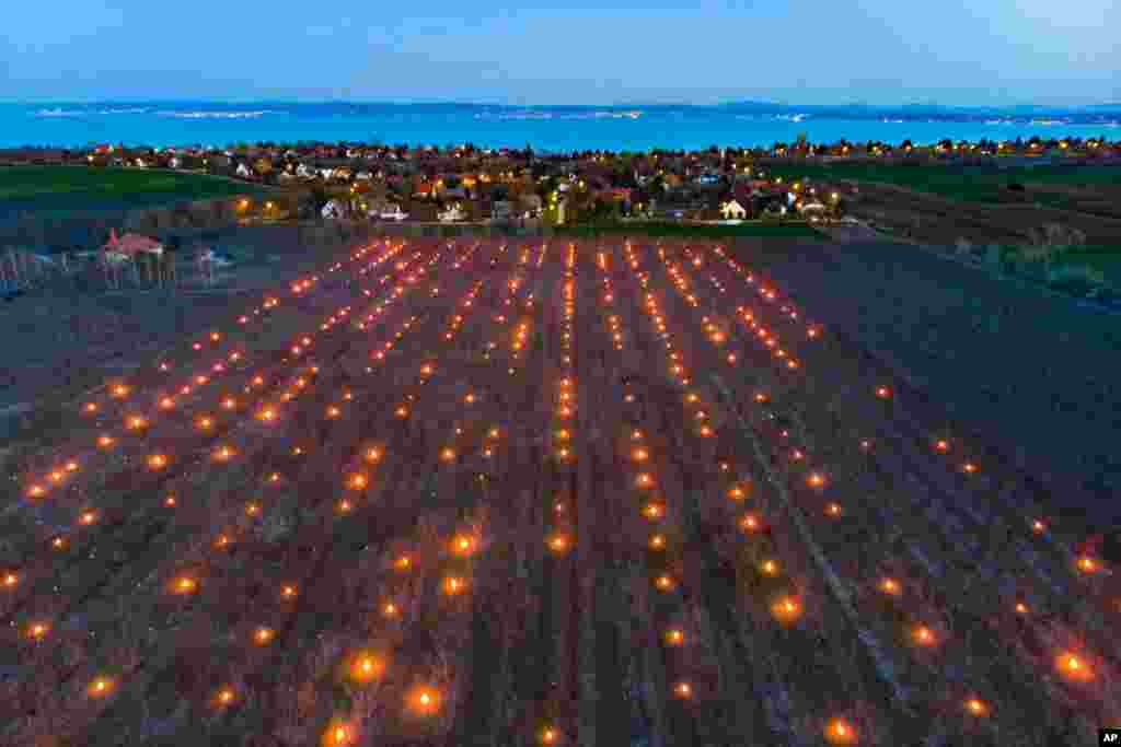 A photo taken with a drone shows anti-frost candles burning between apricot trees in a fruit orchard near Balatonvilagos, Hungary.